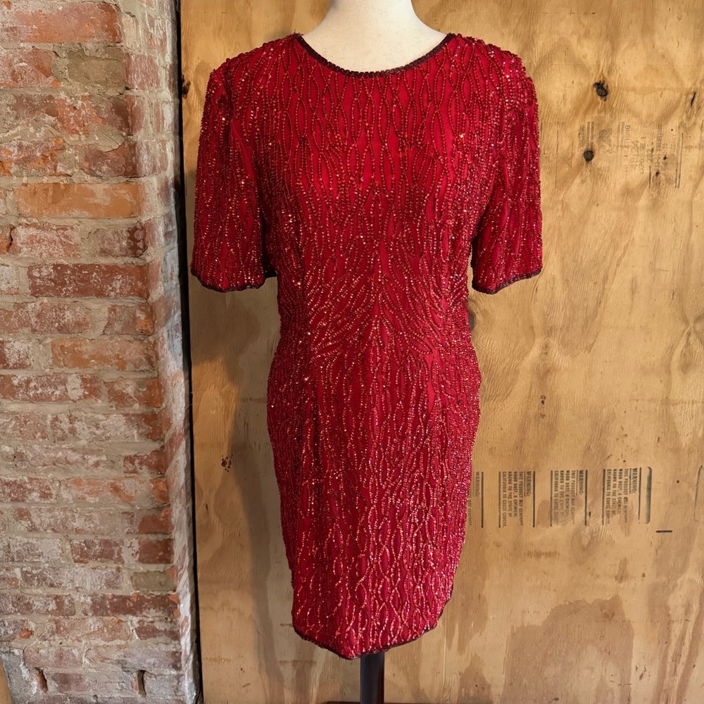 Vintage Stenay 80s Red Silk Beaded Sequined Formal Cocktail Dress Sz L